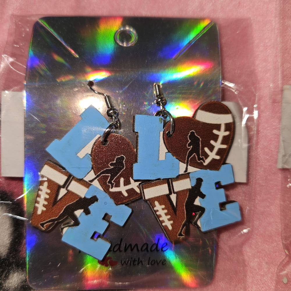 Brown and Blue LOVE Football Earrings